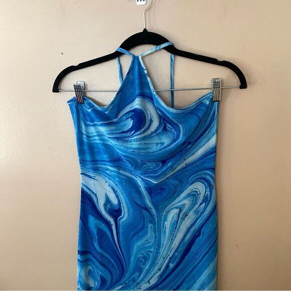 NWT Farai London X REVOLVE Saira Dress Blue mesh midi halter swirl print M - Picture 6 of 8